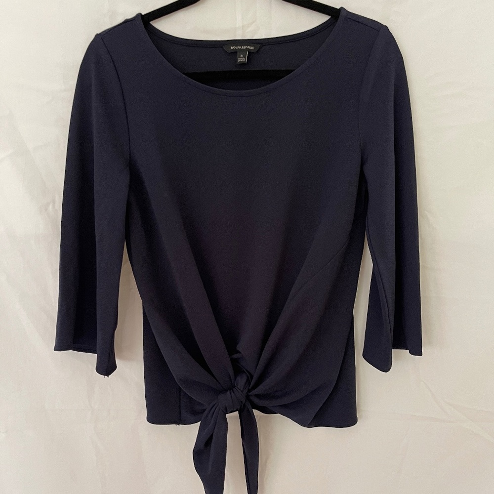 Banana Republic Navy Blue Tie Front Crepe 3/4 Sleeve Top Blouse